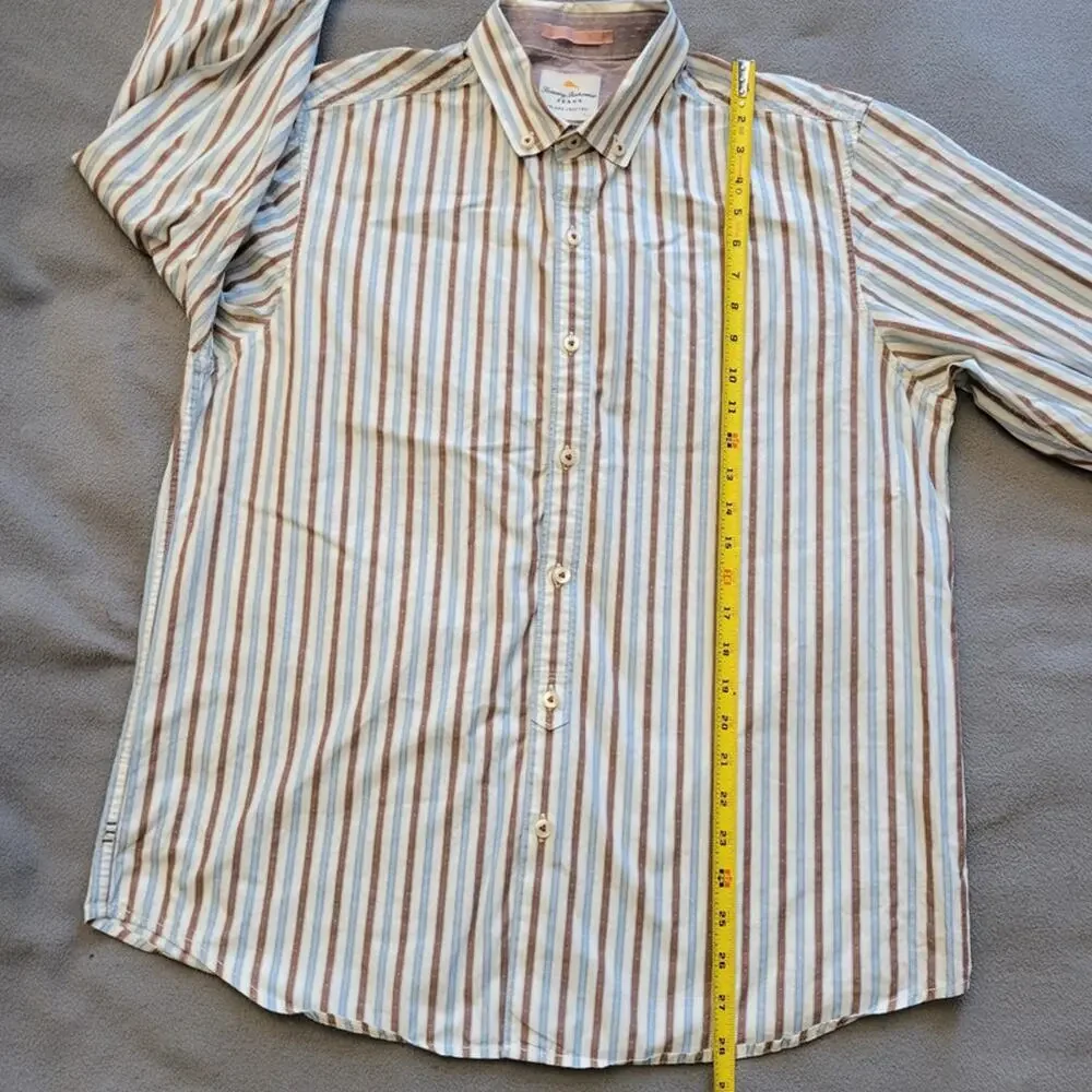 TOMMY BAHAMA Shirt Mens Large Jeans Island Modern Fit Blue Brown Striped Cotton - Picture 3 of 15